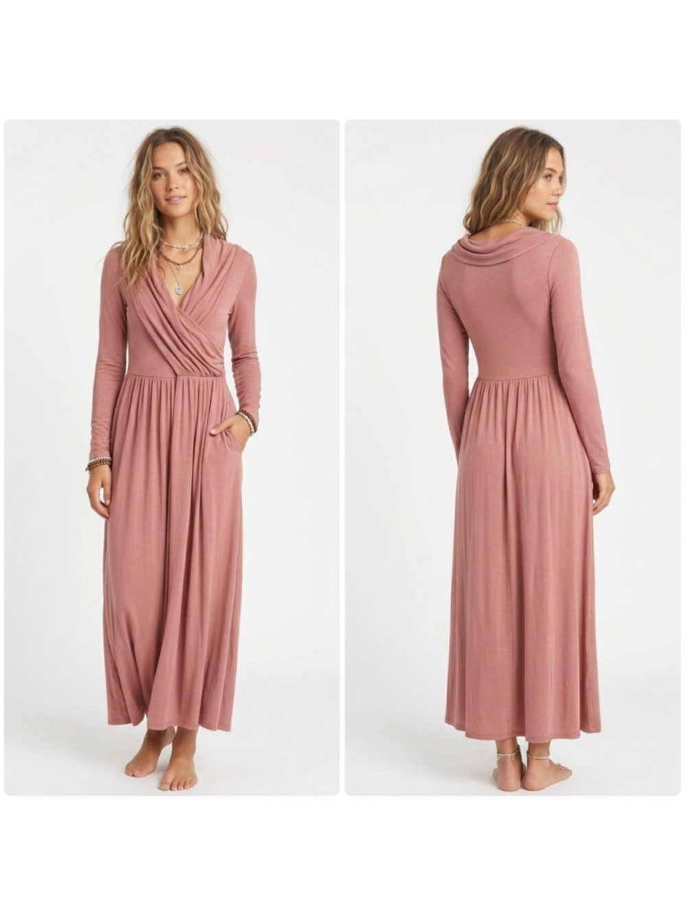 Free People FP Beach Arabesque Maxi Dress Size XS Pink Boho Long Sleeve Pockets